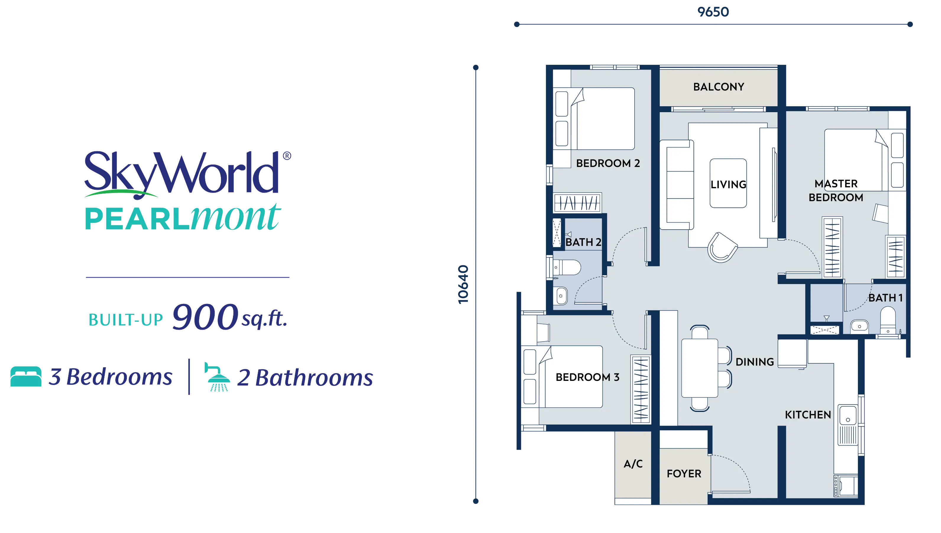 SkyWorld Pearlmont 900 square feet three bedroom floor plan